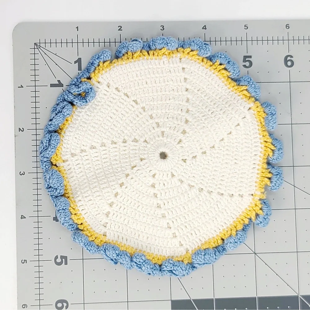 Crochet Doily Round Coaster Ruffle Edge Blue Yellow 5.5 Inch Vintage Cream Ivory